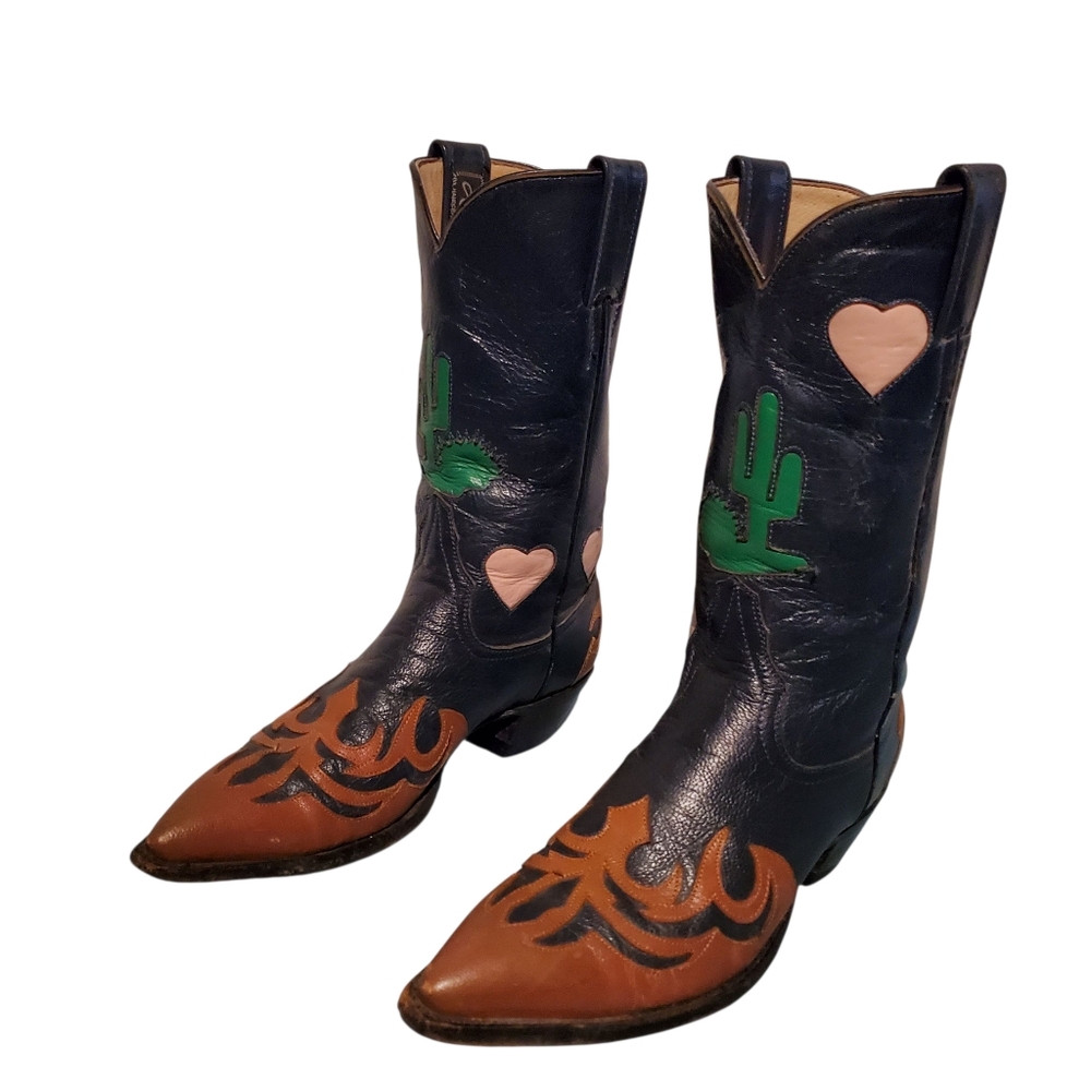 Vintage Larry Mahan Cactus/Heart Inlays Cowboy Western Boots Women's Size 7.5B - Picture 2 of 12